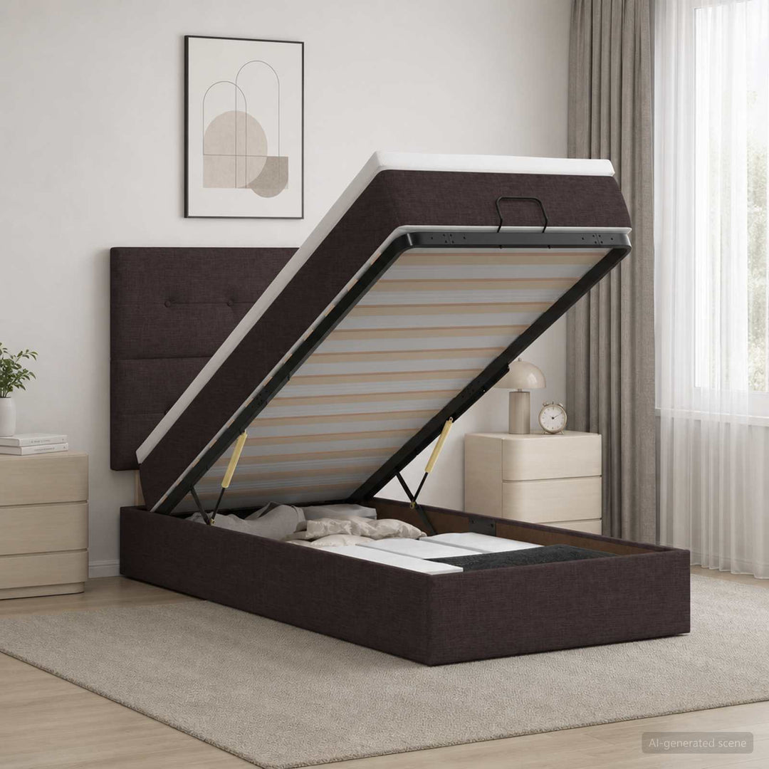 Ottoman seng med madras og LED Mørk Brun 100 x 200 cm Stof