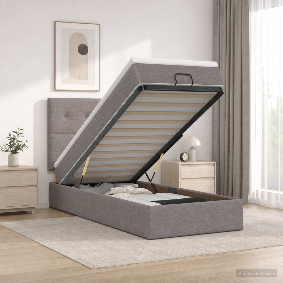 Ottoman seng med madras og LED Gråbrun 90 x 190 cm Stof