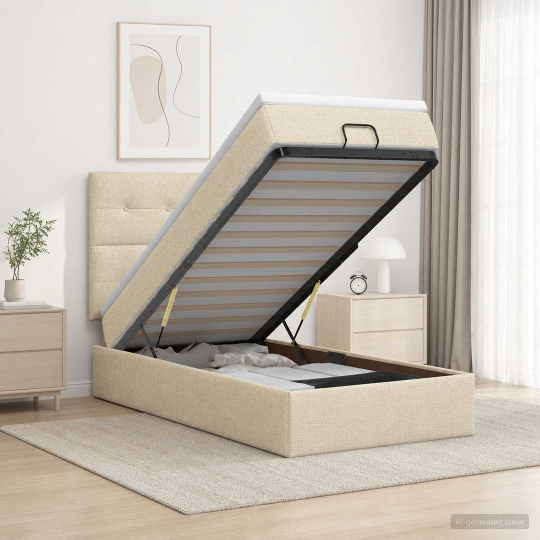 Ottoman seng med madras og LED Cremefarvet 90 x 200 cm Stof