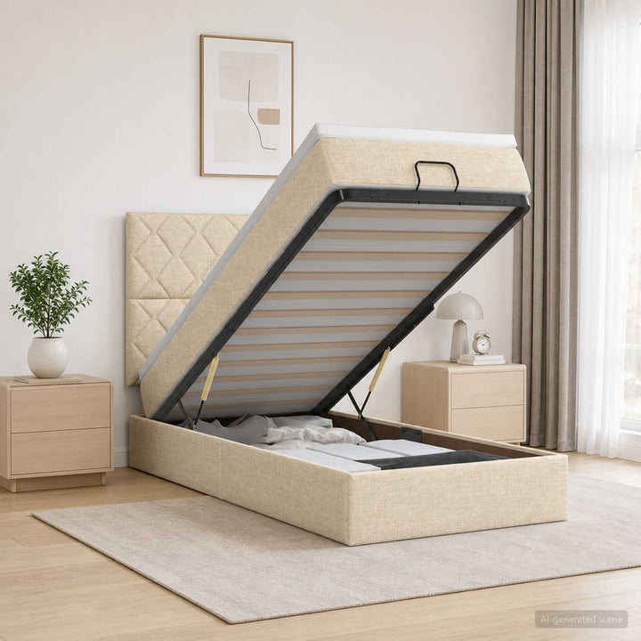 Ottoman seng med madras og LED Cremefarvet 90 x 200 cm Stof