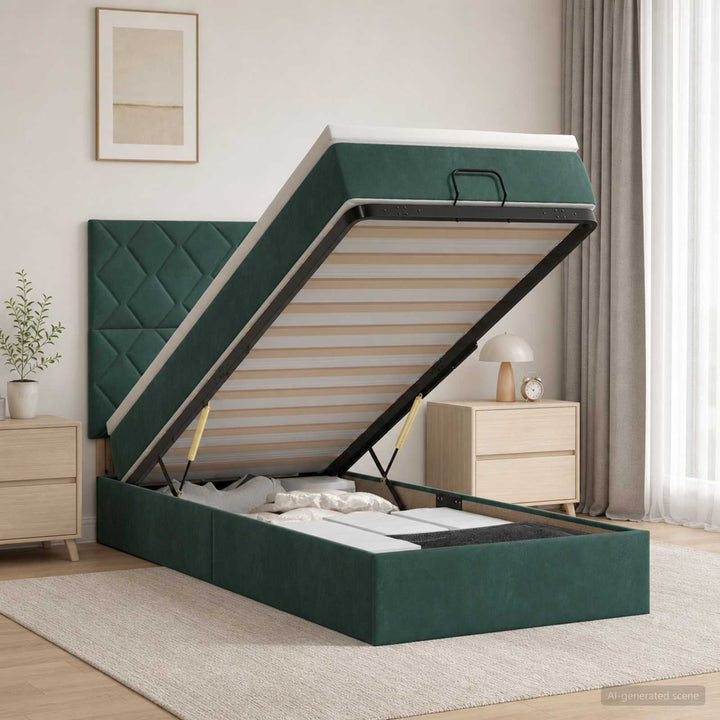 Ottoman seng med madras Mørkegrøn 90 x 200 cm Fløjl