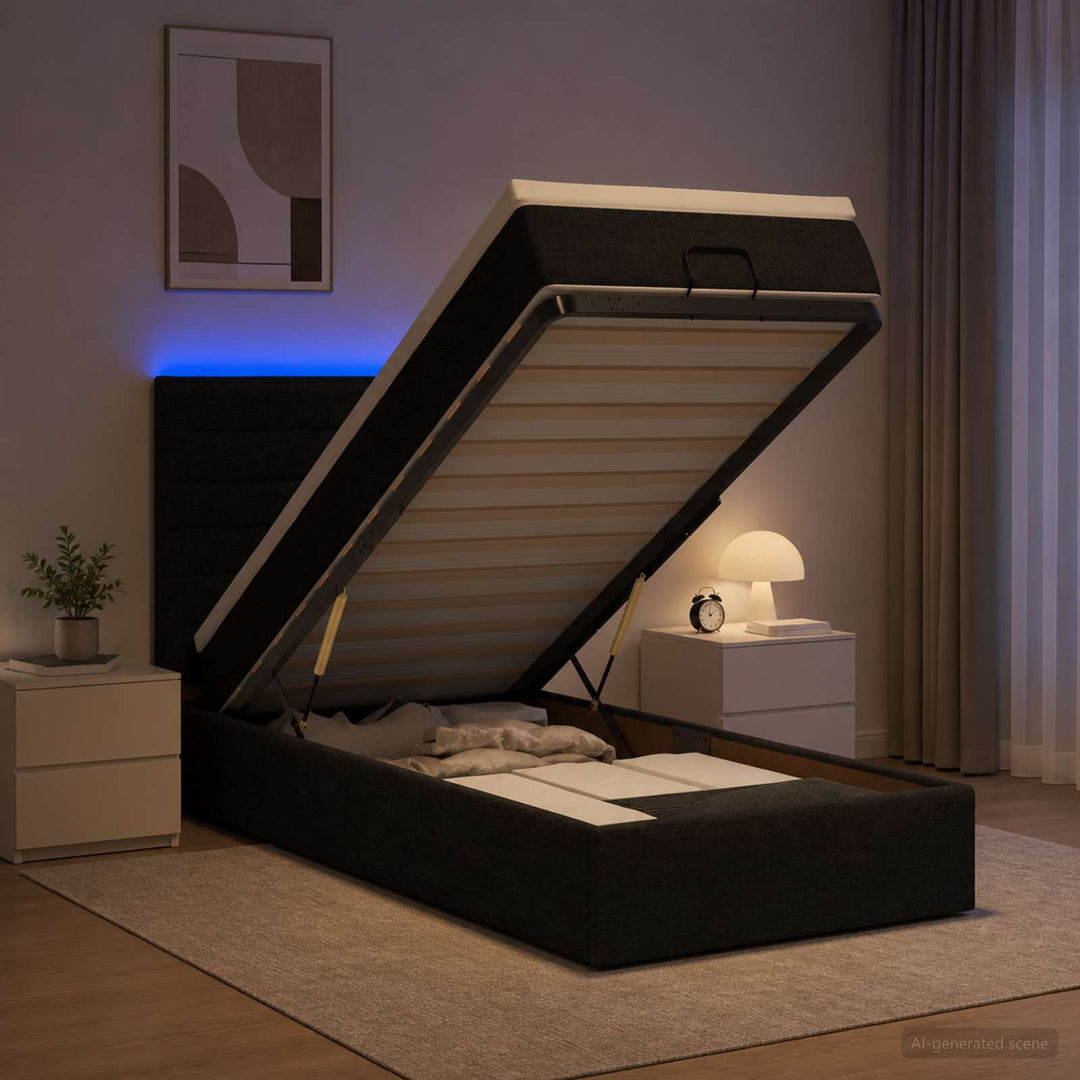 Ottoman seng med madras og LED Sort 90 x 190 cm Stof