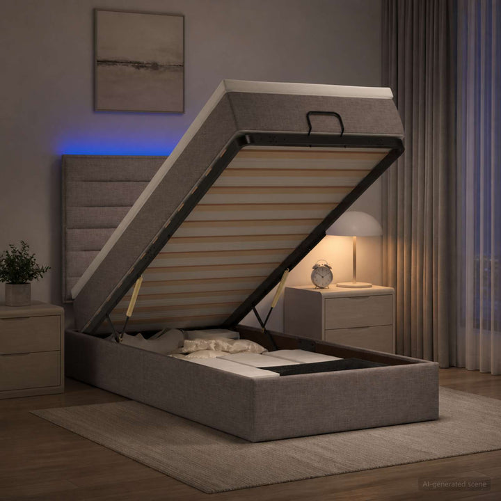 Ottoman seng med madras og LED Gråbrun 90 x 190 cm Stof