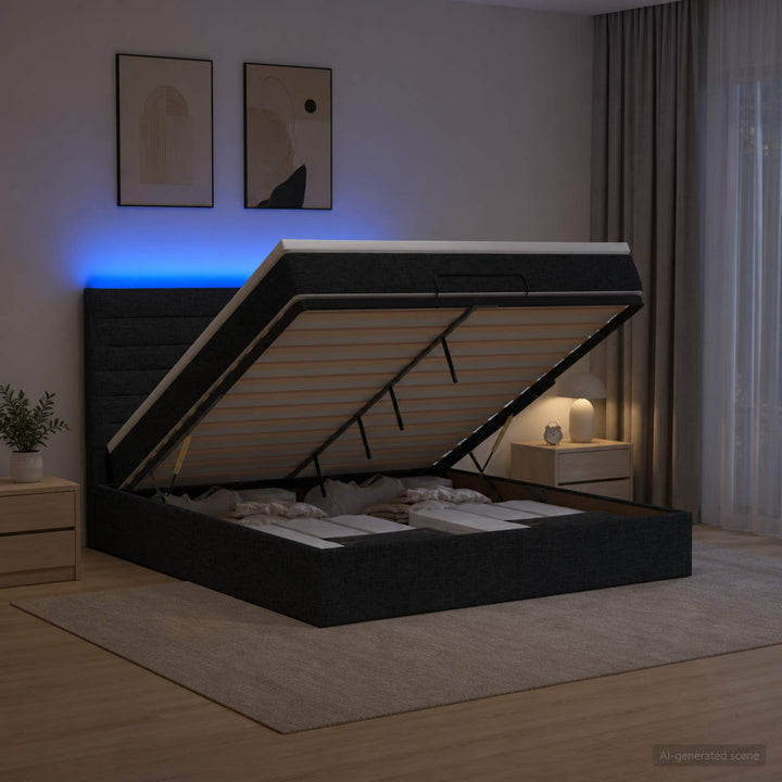 Ottoman seng med madras og LED Sort 140 x 190 cm Stof