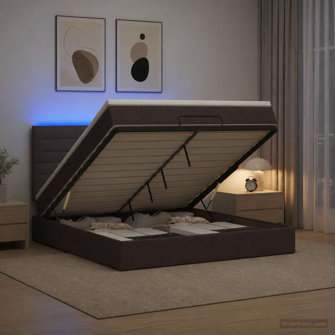 Ottoman seng med madras og LED Mørk Brun 140 x 200 cm Stof