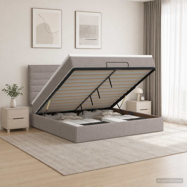 Ottoman seng med madras og LED Gråbrun 140 x 200 cm Stof