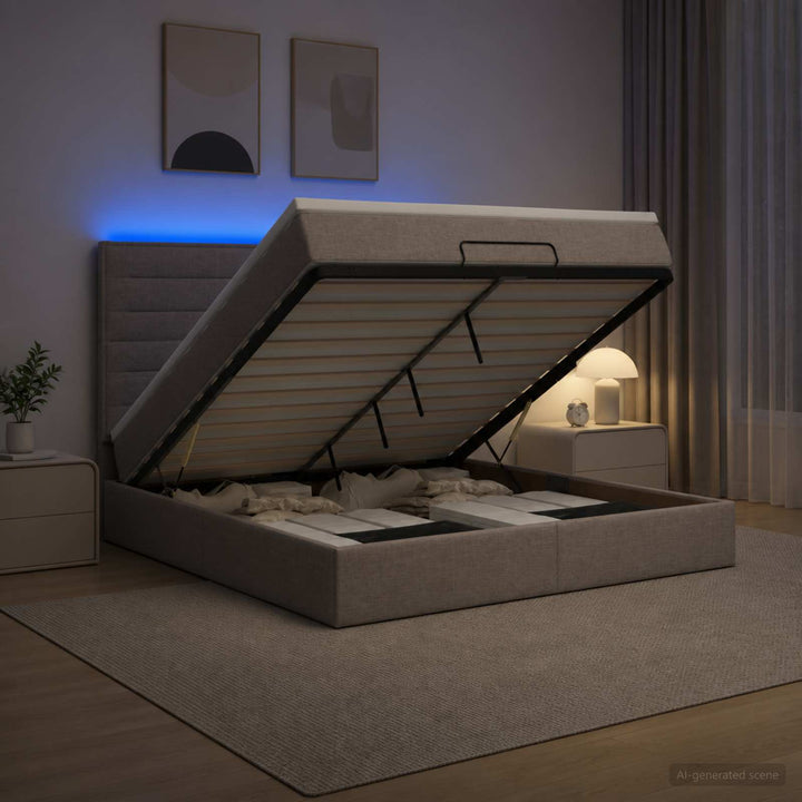 Ottoman seng med madras og LED Gråbrun 140 x 200 cm Stof