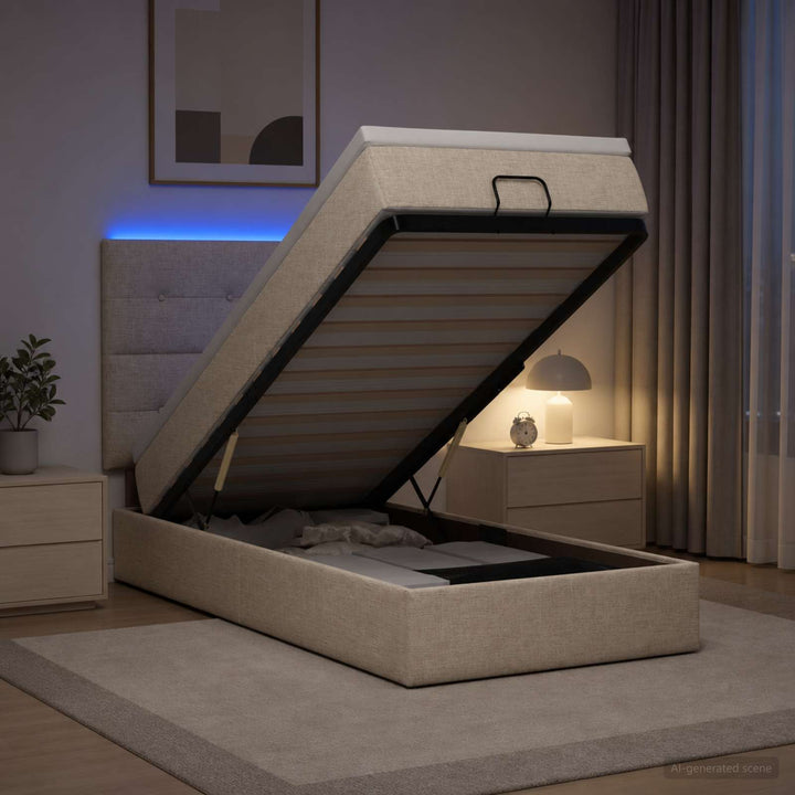 Ottoman seng med madras og LED Cremefarvet 90 x 200 cm Stof