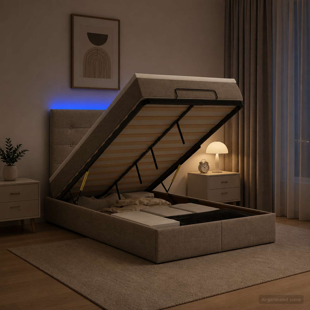 Ottoman seng med madras og LED Gråbrun 120 x 190 cm Stof