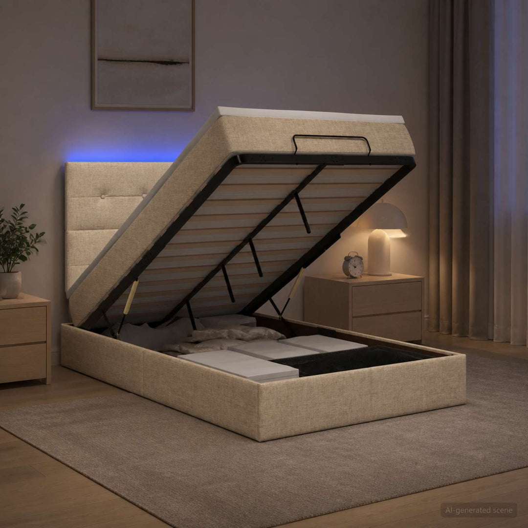Ottoman seng med madras og LED Cremefarvet 120 x 200 cm Stof