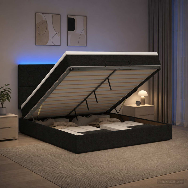 Ottoman seng med madras og LED Sort 160 x 200 cm Stof
