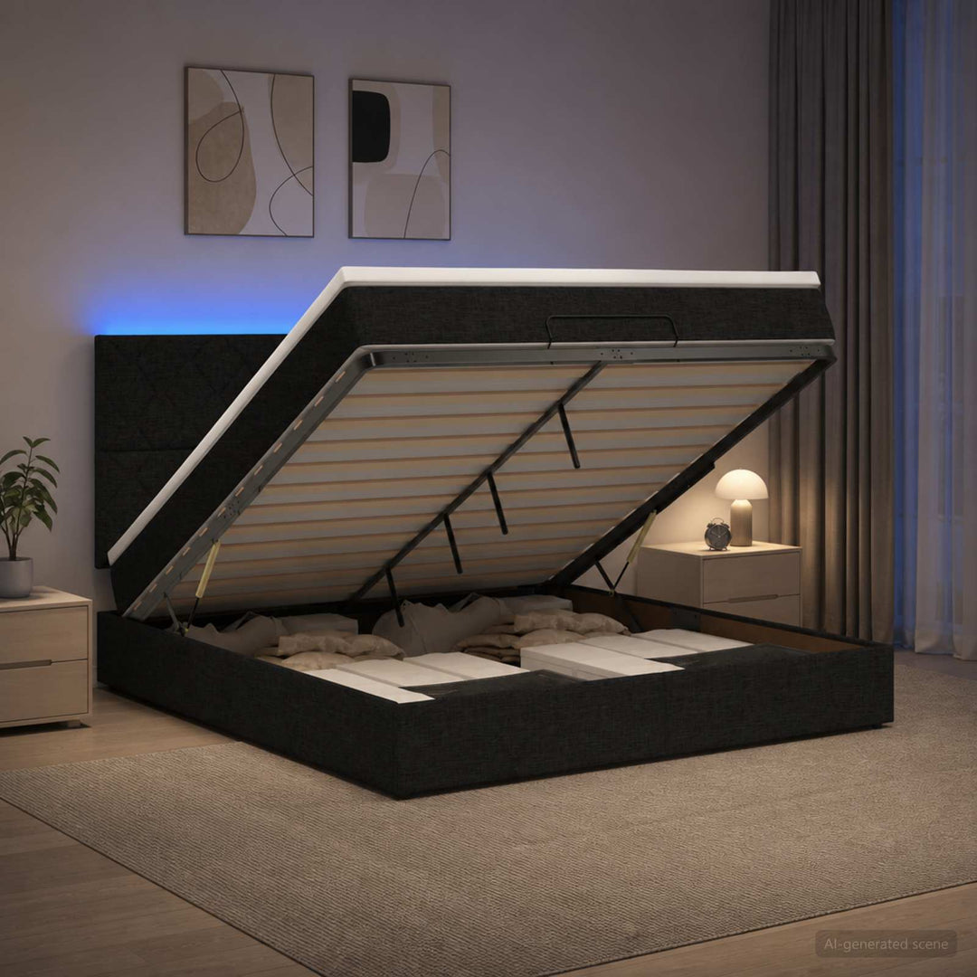 Ottoman seng med madras og LED Sort 180 x 200 cm Stof