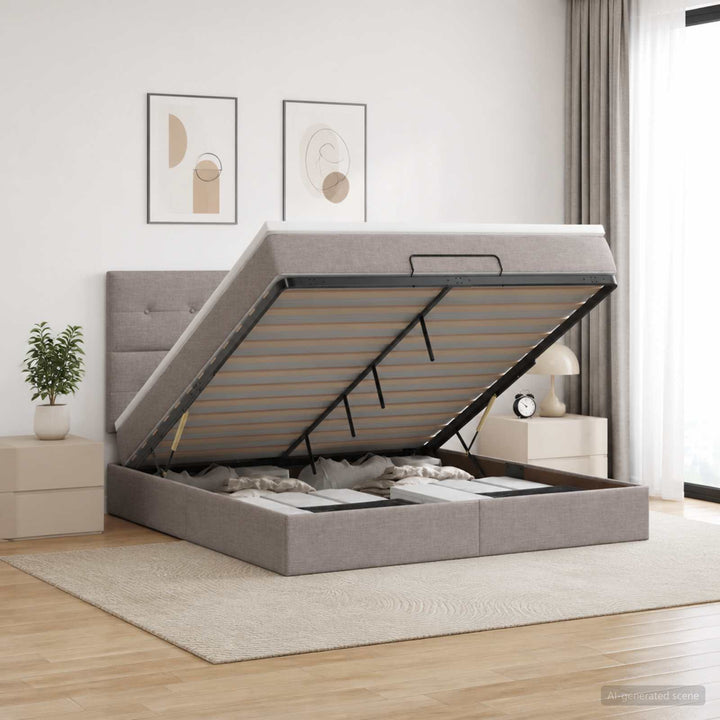 Ottoman seng med madras og LED Gråbrun 140 x 190 cm Stof