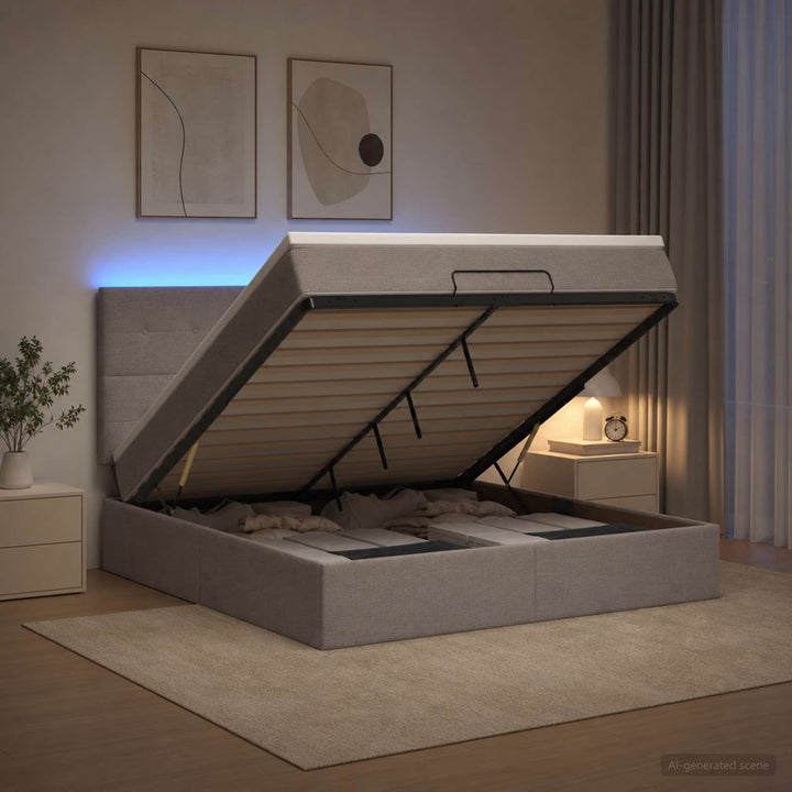 Ottoman seng med madras og LED Gråbrun 140 x 190 cm Stof