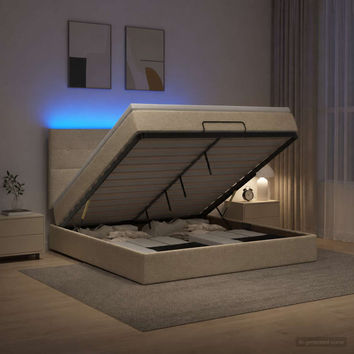 Ottoman seng med madras og LED Cremefarvet 180 x 200 cm Stof