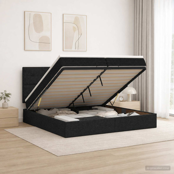 Ottoman seng med madras og LED Sort 200 x 200 cm Stof