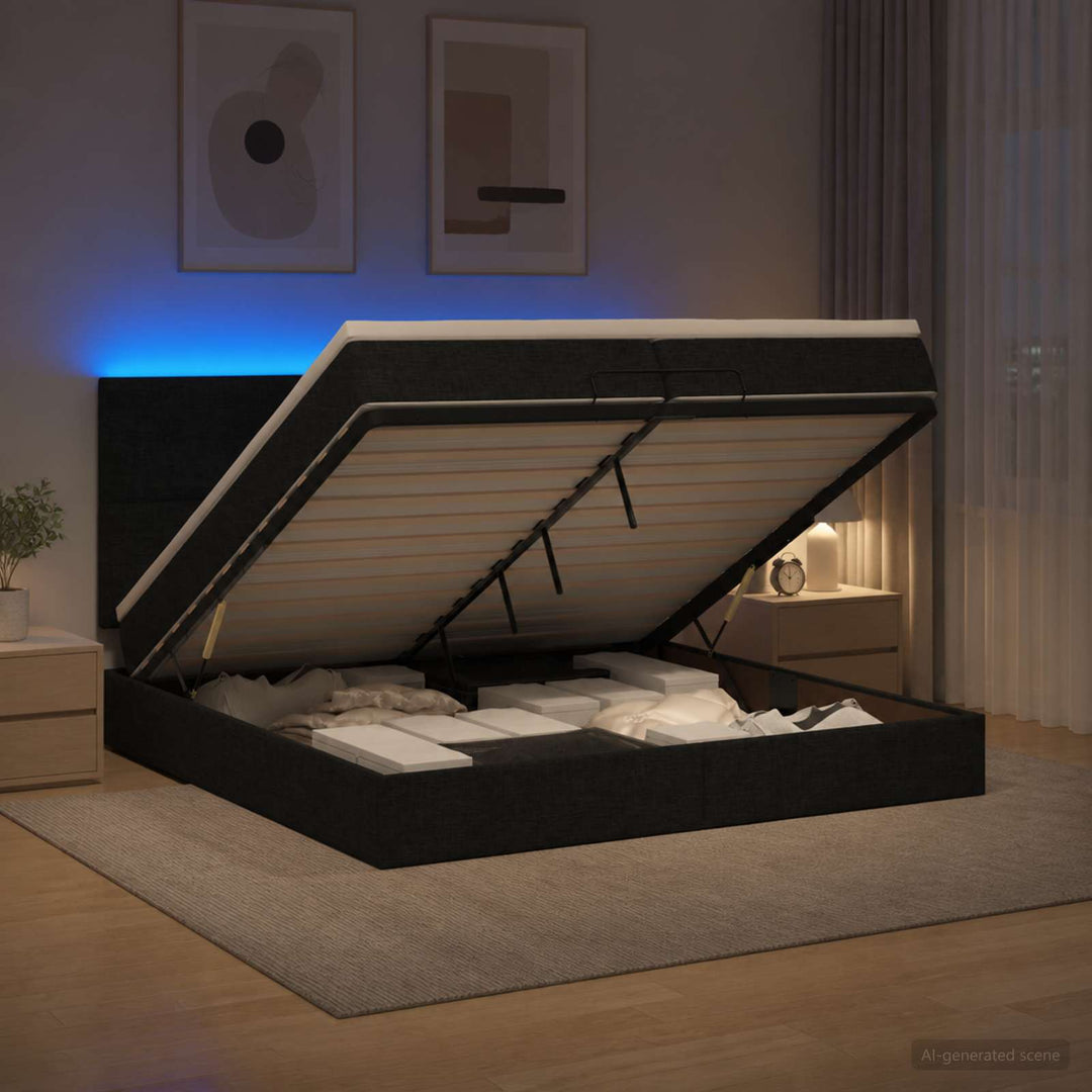 Ottoman seng med madras og LED Sort 200 x 200 cm Stof