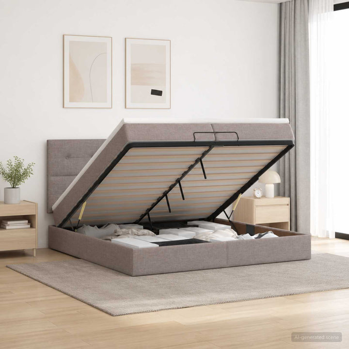 Ottoman seng med madras og LED Gråbrun 200 x 200 cm Stof