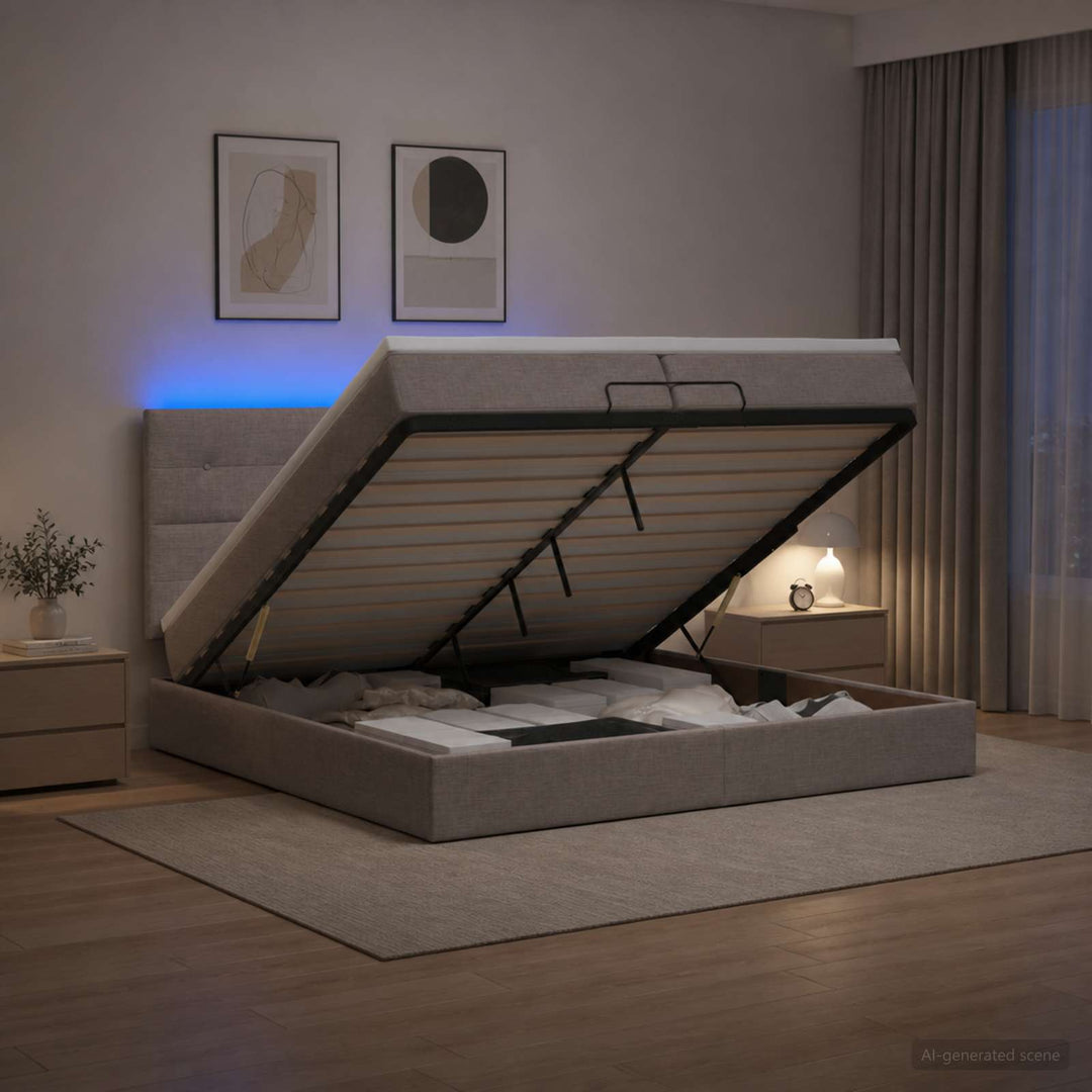 Ottoman seng med madras og LED Gråbrun 200 x 200 cm Stof