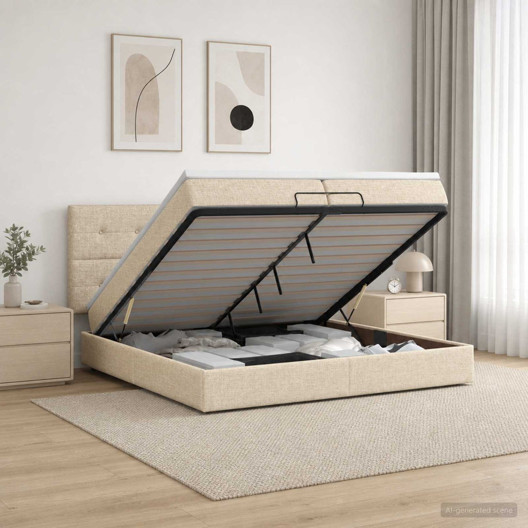 Ottoman seng med madras og LED Cremefarvet 200 x 200 cm Stof