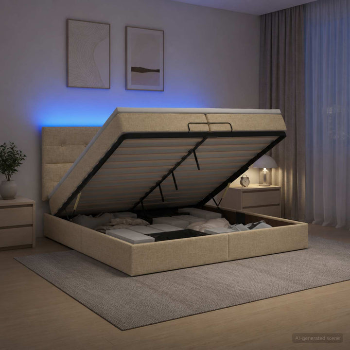 Ottoman seng med madras og LED Cremefarvet 200 x 200 cm Stof