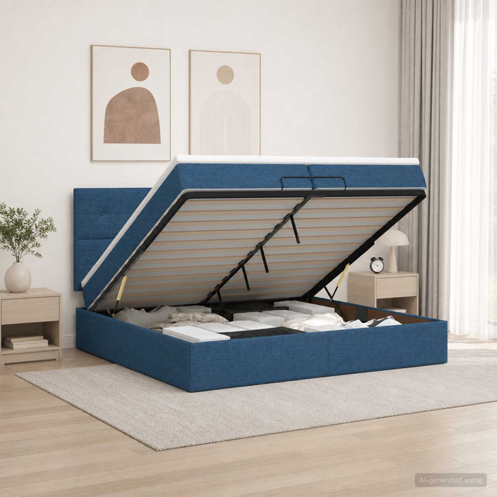 Ottoman seng med madras og LED Blå 200 x 200 cm Stof