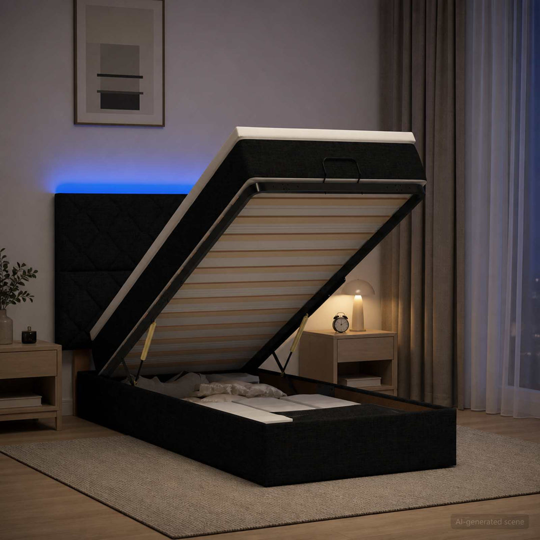 Ottoman seng med madras og LED Sort 100 x 200 cm Stof