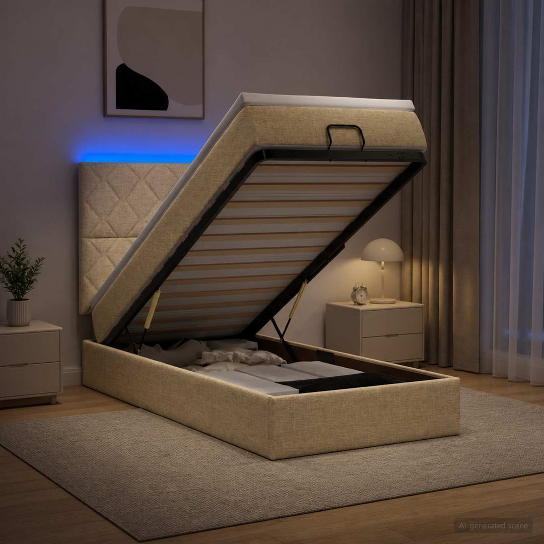 Ottoman seng med madras og LED Cremefarvet 90 x 200 cm Stof