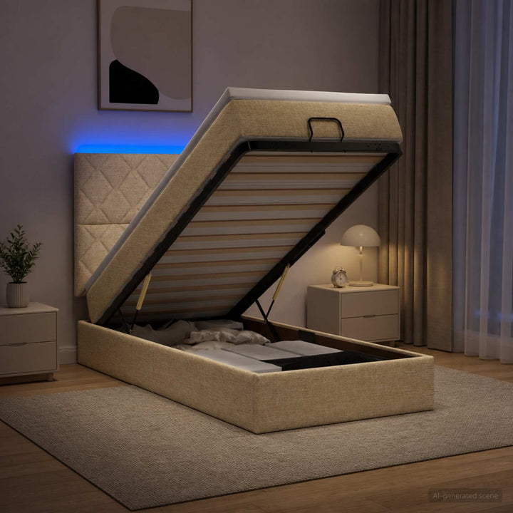 Ottoman seng med madras og LED Cremefarvet 90 x 200 cm Stof