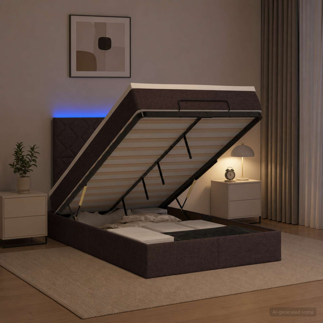 Ottoman seng med madras og LED Mørk Brun 120 x 190 cm Stof