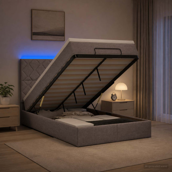 Ottoman seng med madras og LED Gråbrun 120 x 200 cm Stof