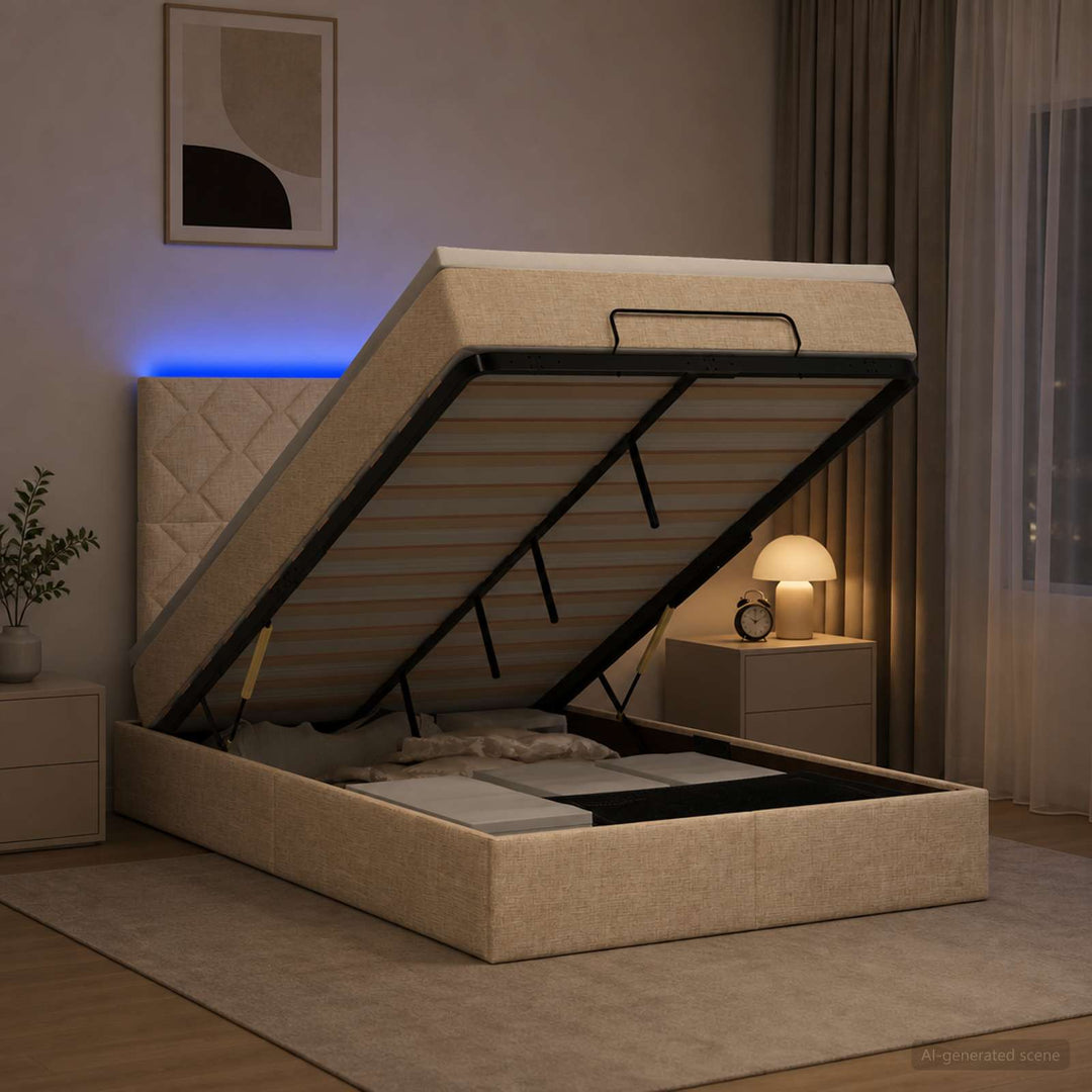 Ottoman seng med madras og LED Cremefarvet 120 x 200 cm Stof