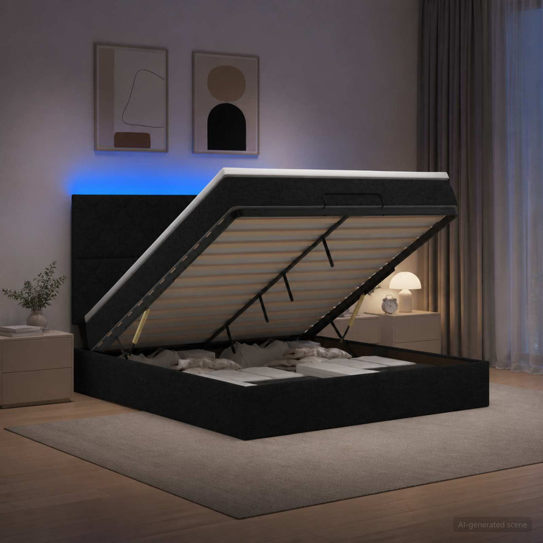 Ottoman seng med madras og LED Sort 140 x 200 cm Stof