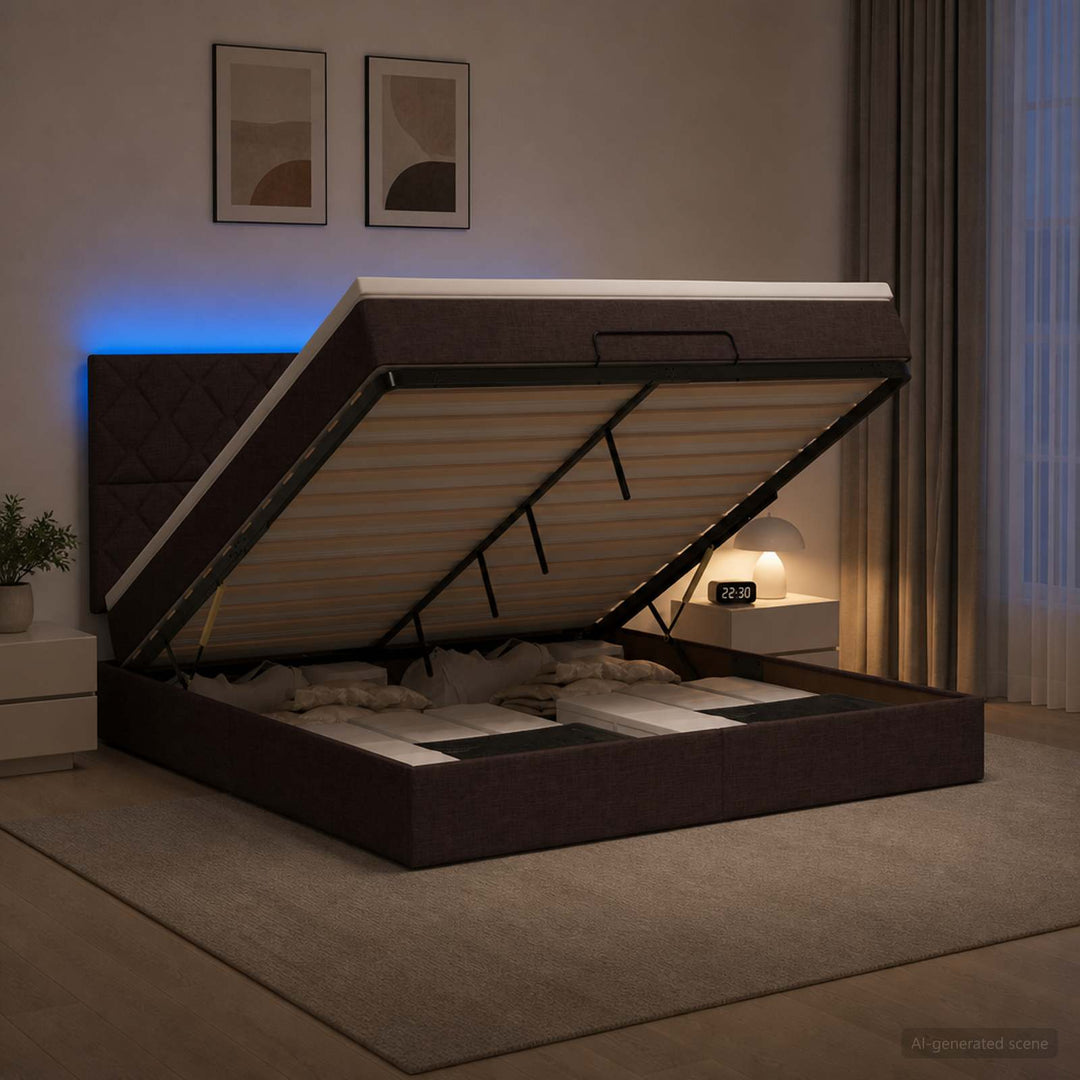 Ottoman seng med madras og LED Mørk Brun 140 x 200 cm Stof