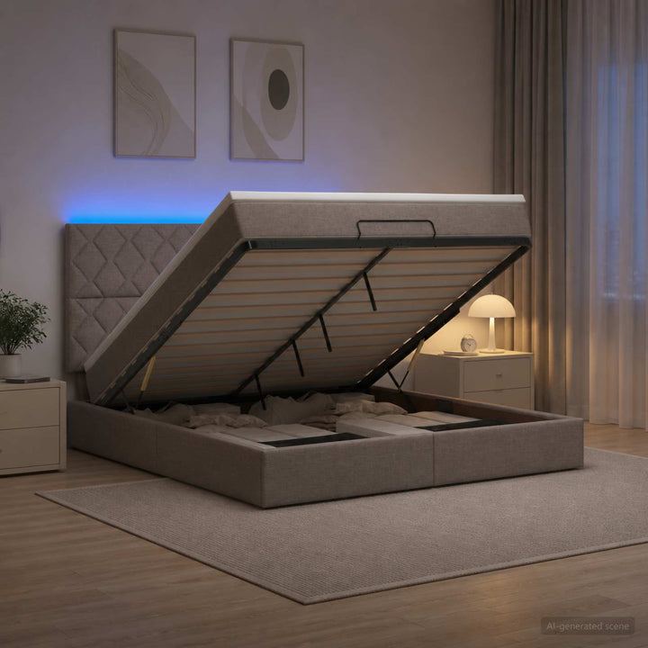 Ottoman seng med madras og LED Gråbrun 140 x 190 cm Stof
