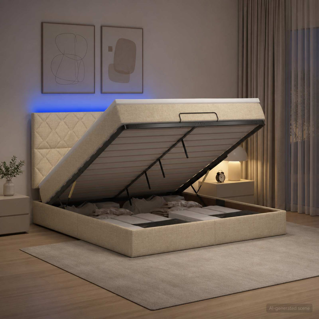Ottoman seng med madras og LED Cremefarvet 140 x 190 cm Stof
