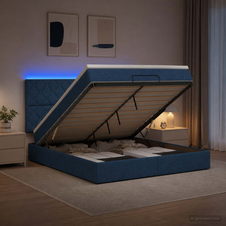 Ottoman seng med madras og LED Blå 160 x 200 cm Stof