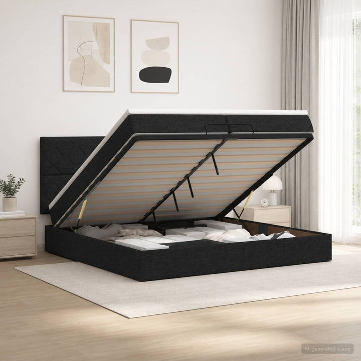 Ottoman seng med madras med hovedgærde Sort 200 x 200 cm Stof