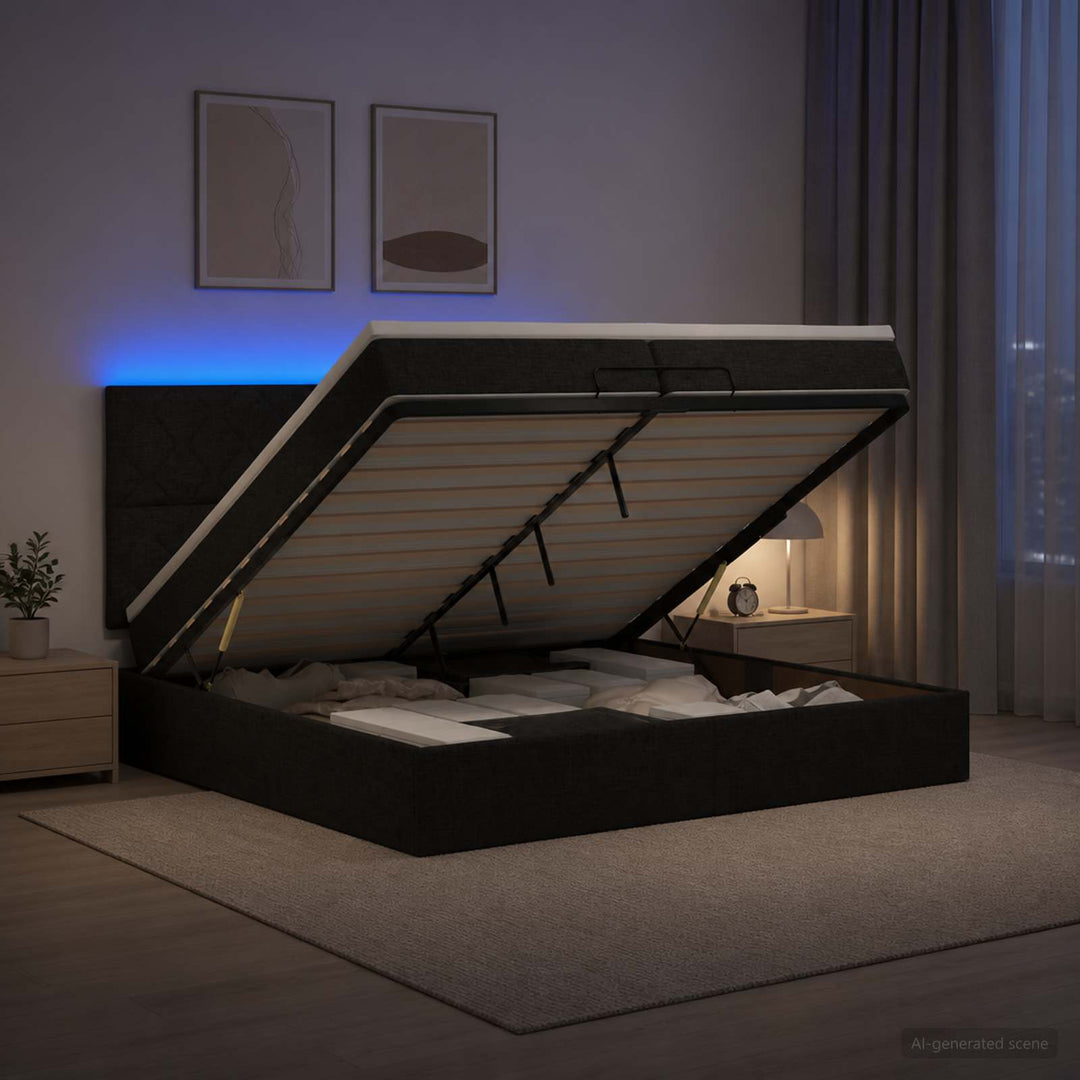 Ottoman seng med madras og LED Sort 200 x 200 cm Stof