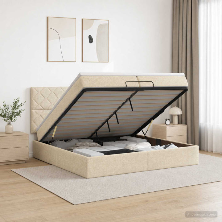 Ottoman seng med madras og LED Cremefarvet 200 x 200 cm Stof