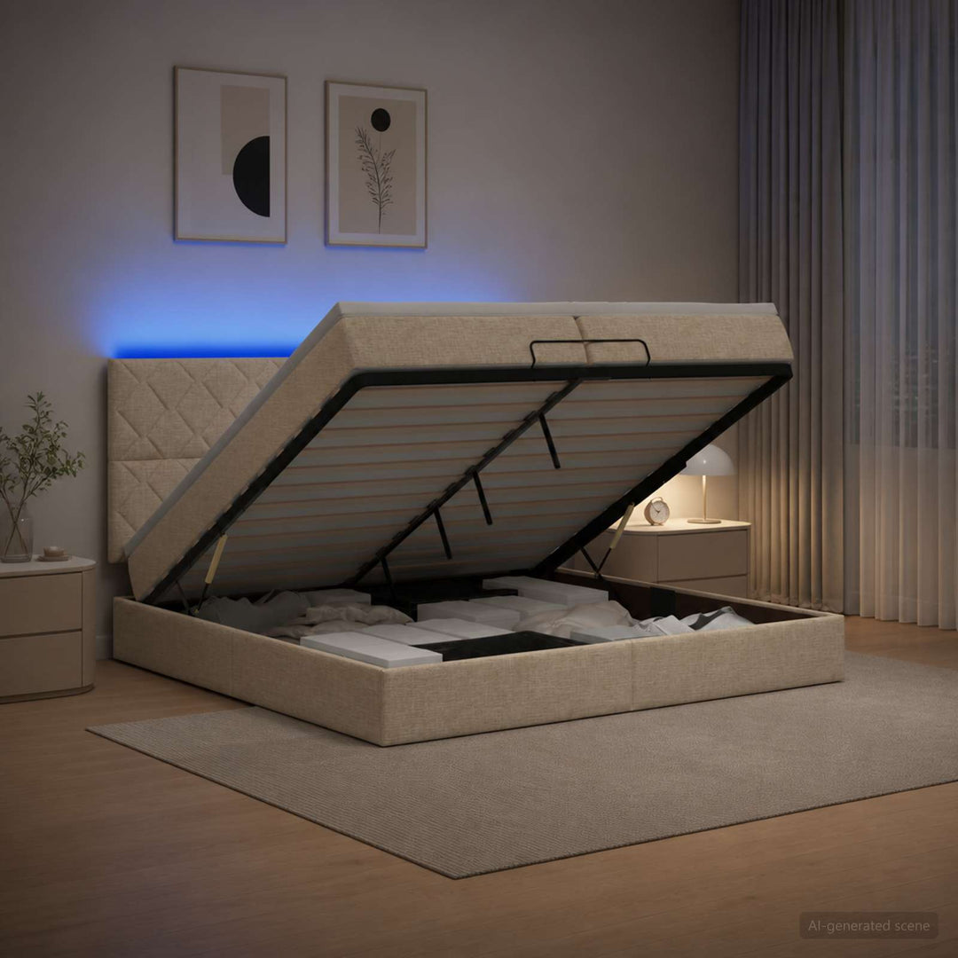 Ottoman seng med madras og LED Cremefarvet 200 x 200 cm Stof