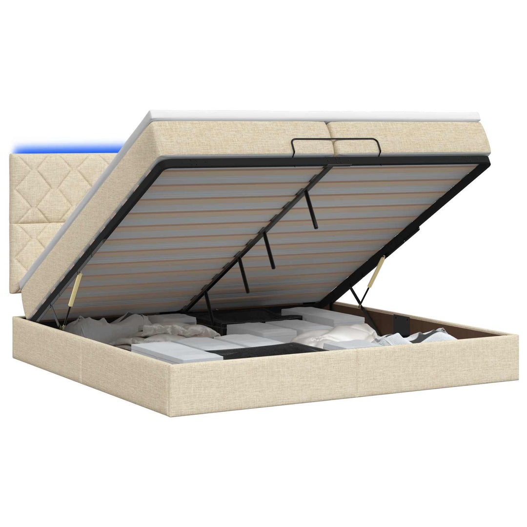 Ottoman seng med madras og LED Cremefarvet 200 x 200 cm Stof