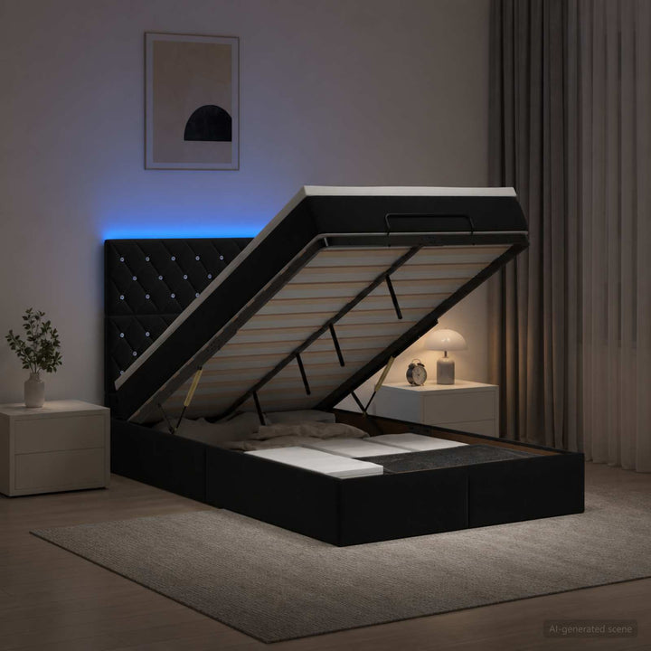 Ottoman seng med madras og LED Sort 120 x 190 cm Fløjl