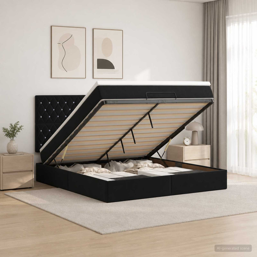 Ottoman seng med madras og LED Sort 140 x 200 cm Fløjl