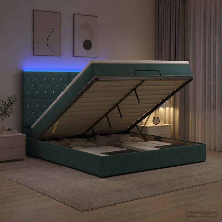 Ottoman seng med madras og LED Mørkegrøn 140 x 200 cm Fløjl
