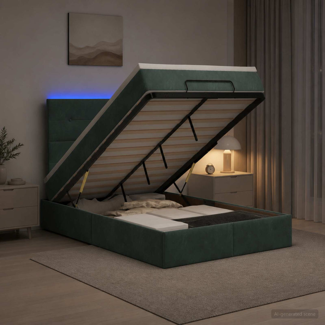 Ottoman seng med madras og LED Mørkegrøn 120 x 200 cm Fløjl