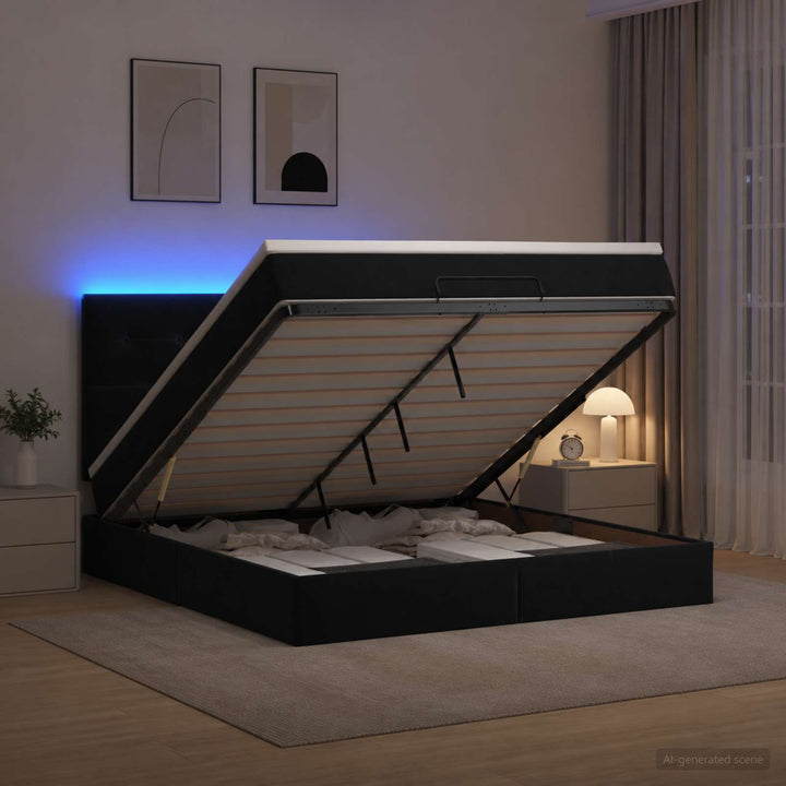 Ottoman seng med madras og LED Sort 140 x 190 cm Fløjl