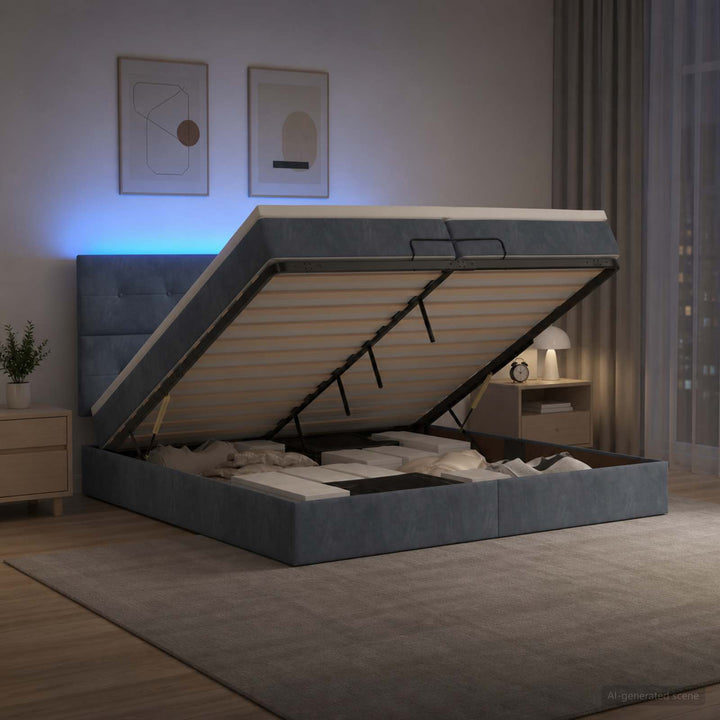 Ottoman seng med madras og LED Mørkegrå 200 x 200 cm Fløjl