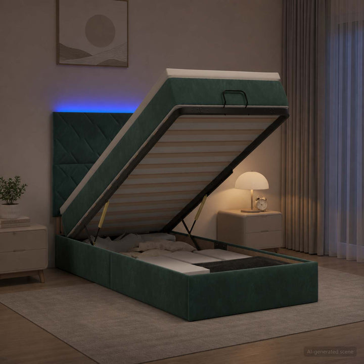 Ottoman seng med madras og LED Mørkegrøn 100 x 200 cm Fløjl