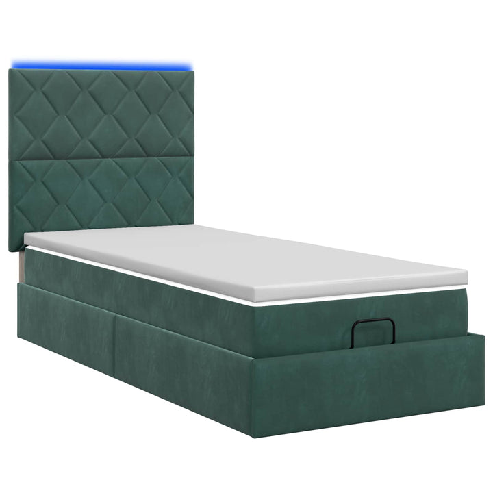Ottoman seng med madras og LED Mørkegrøn 90 x 200 cm Fløjl